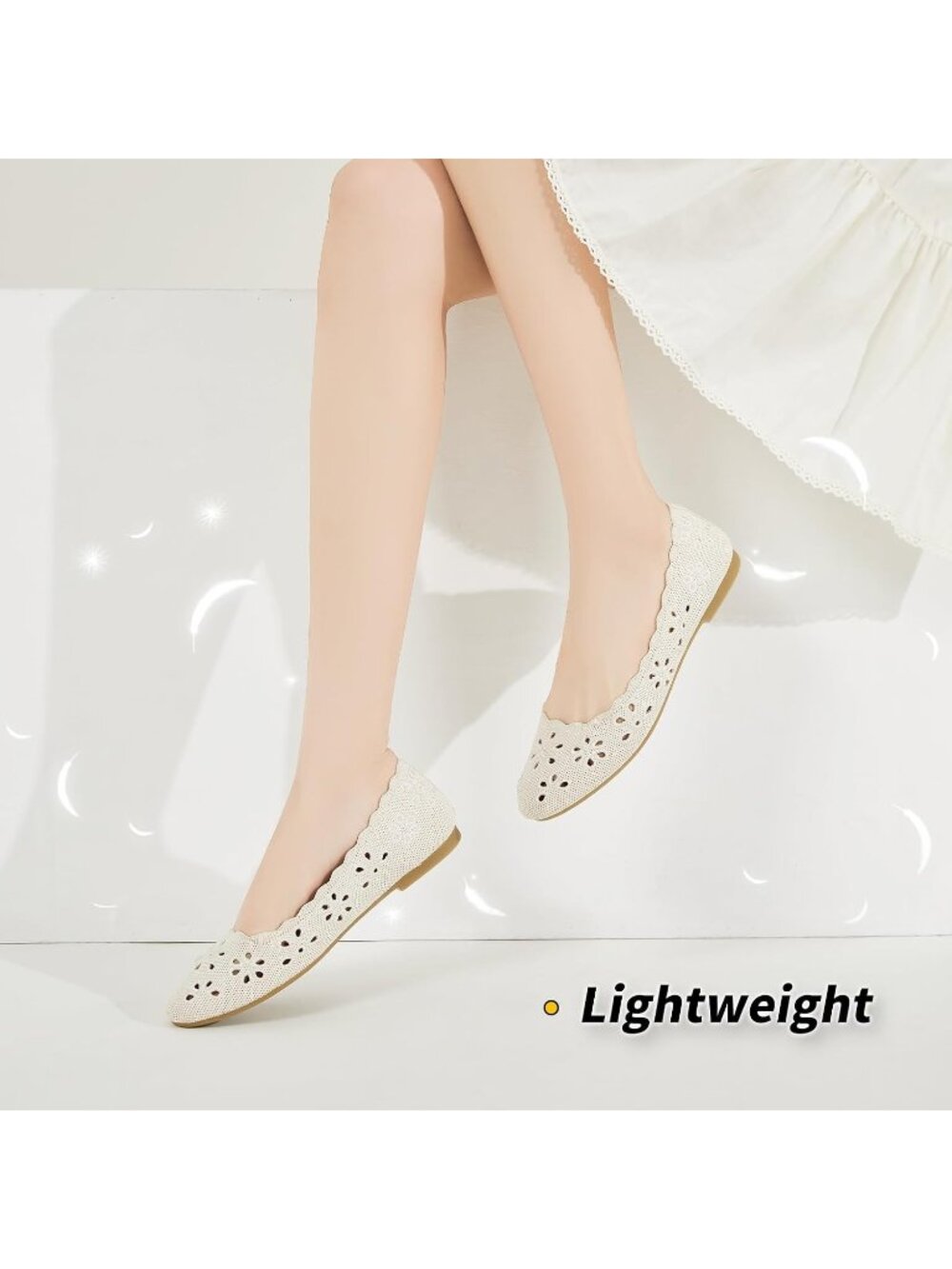 Women's Nude Mesh Floral Ballet Flats Comfortable Slip On Casual Walking Shoes - Picture 5 of 6